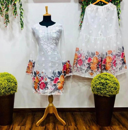 White georgette embroidered flower printed top with sharara