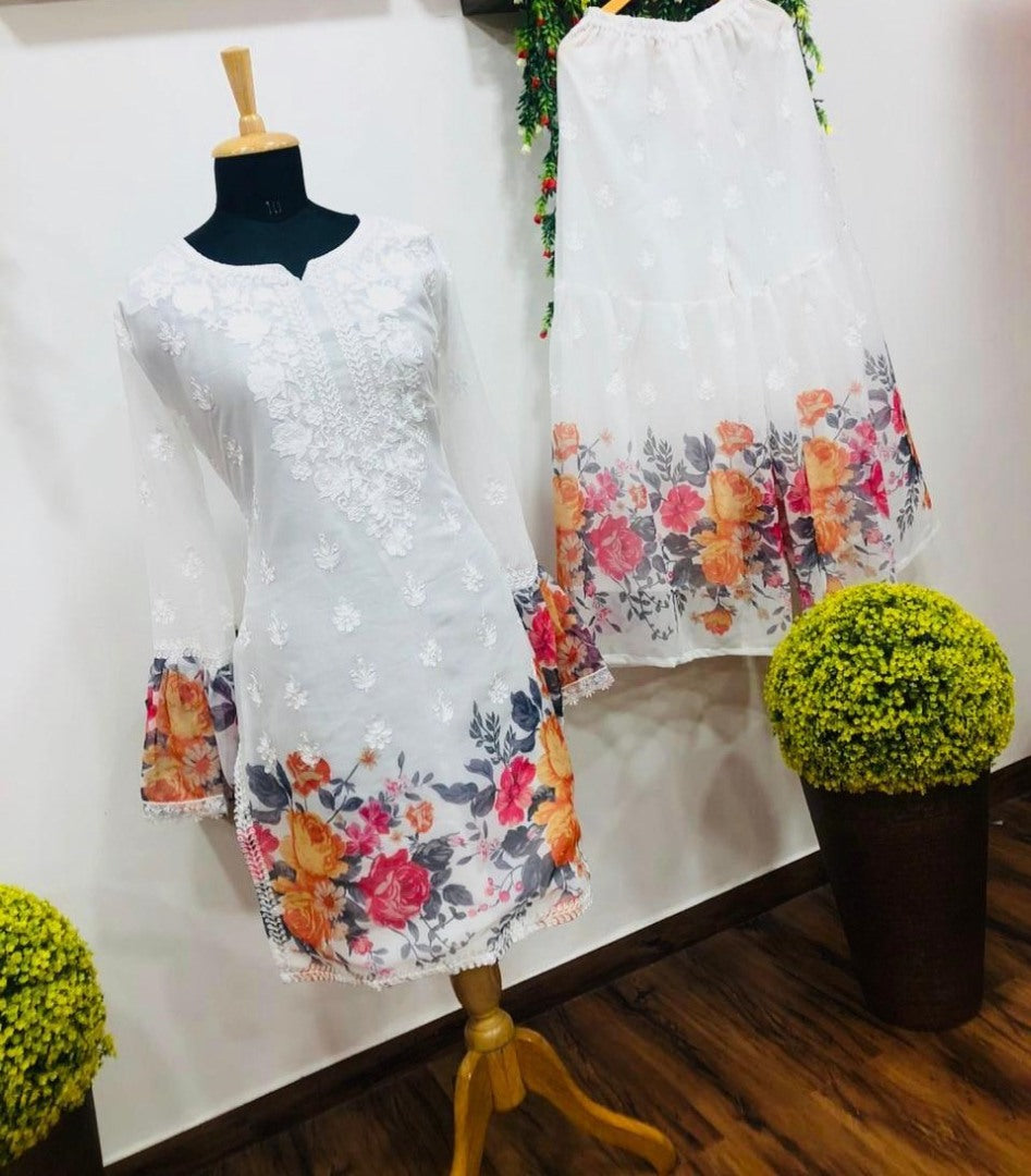 White georgette embroidered flower printed top with sharara