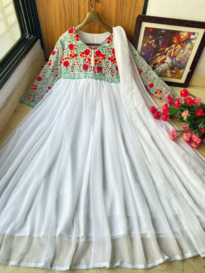 White georgette embroidered gown