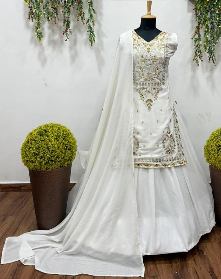 White georgette embroidered lehenga suit