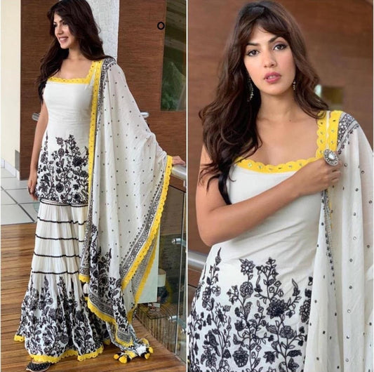 White georgette embroidered plazzo salwar suit