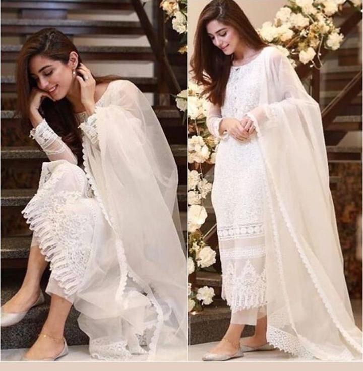 White georgette embroidered plazzo salwar suit