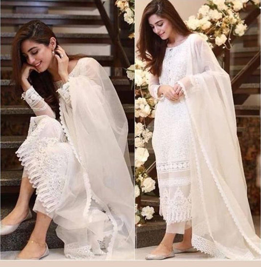 White georgette embroidered plazzo salwar suit