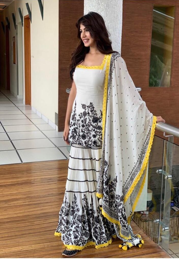 White georgette embroidered plazzo salwar suit