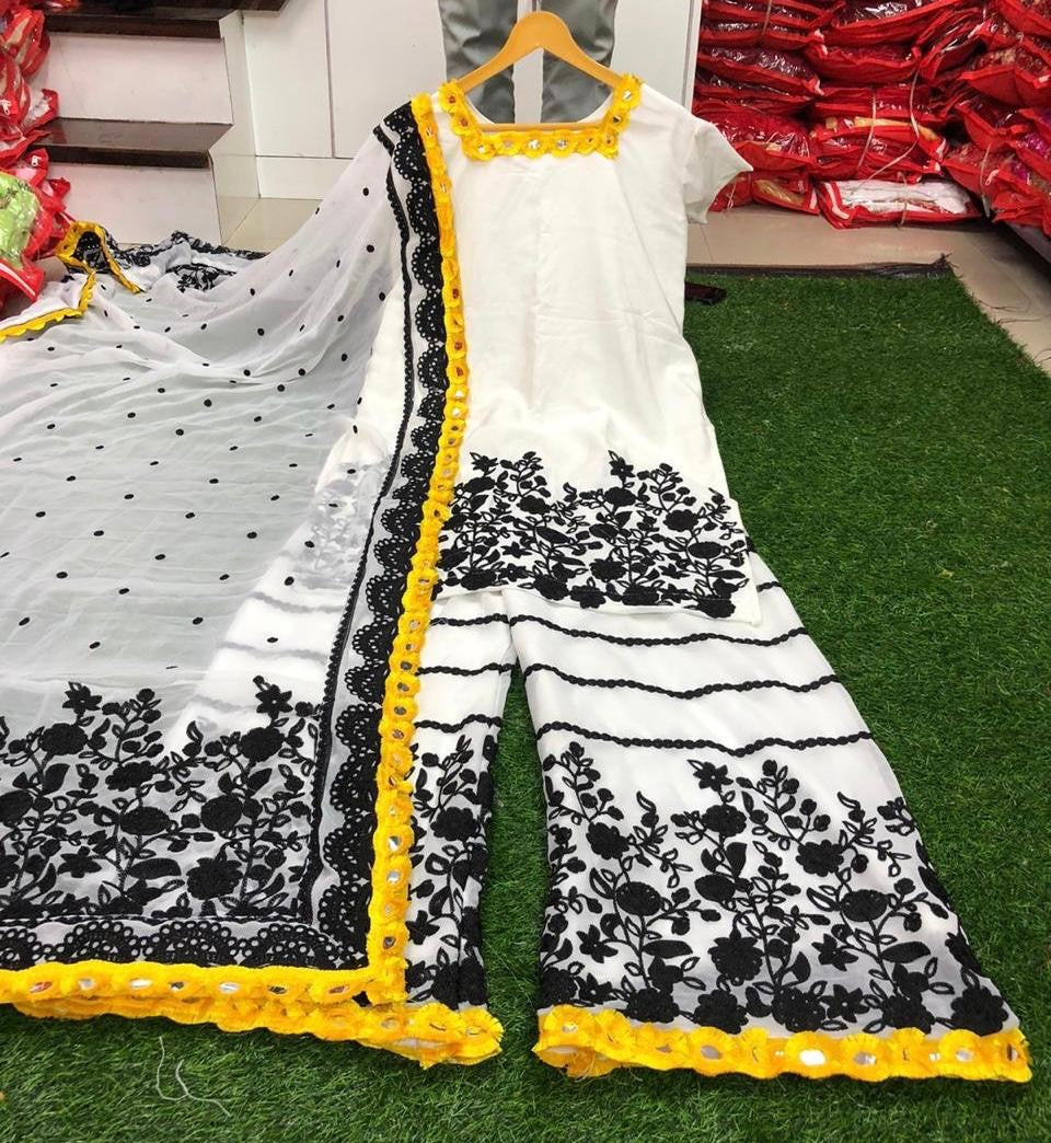 White georgette embroidered plazzo salwar suit