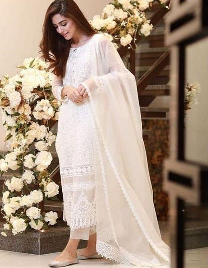 White georgette embroidered plazzo salwar suit