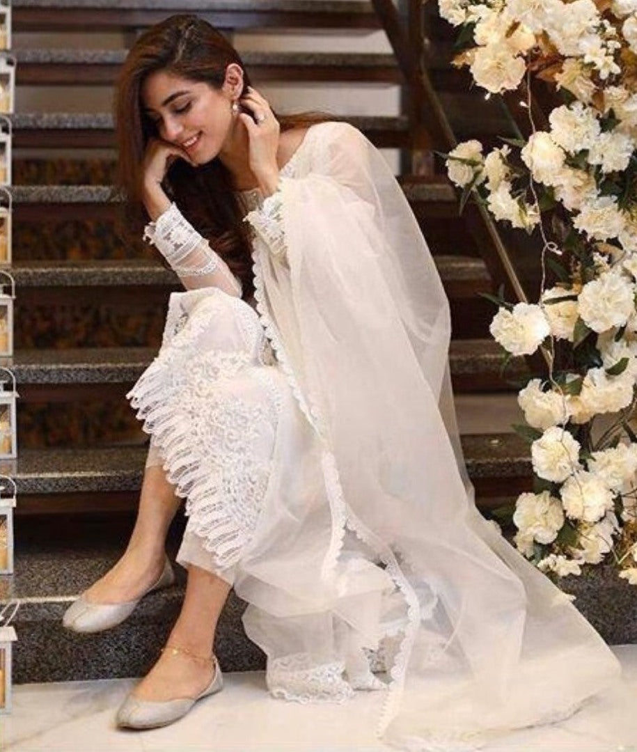 White georgette embroidered plazzo salwar suit