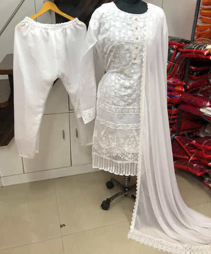 White georgette embroidered plazzo salwar suit