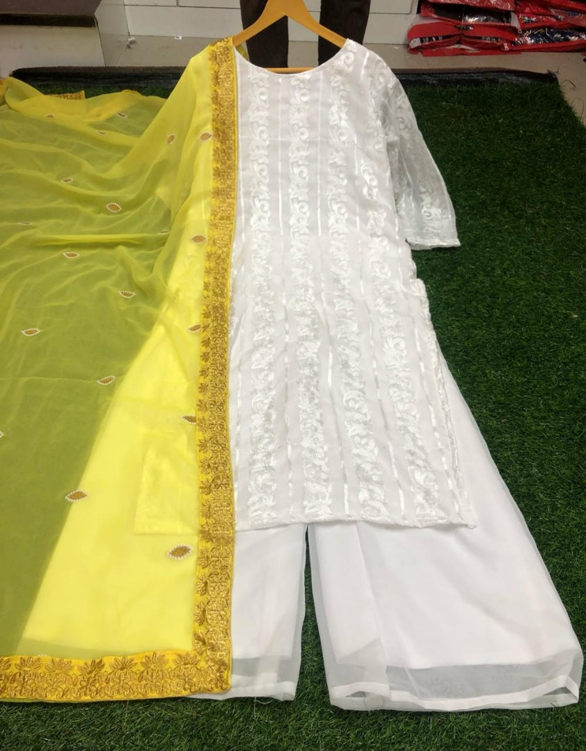 White georgette embroidered plazzo suit with yellow dupatta