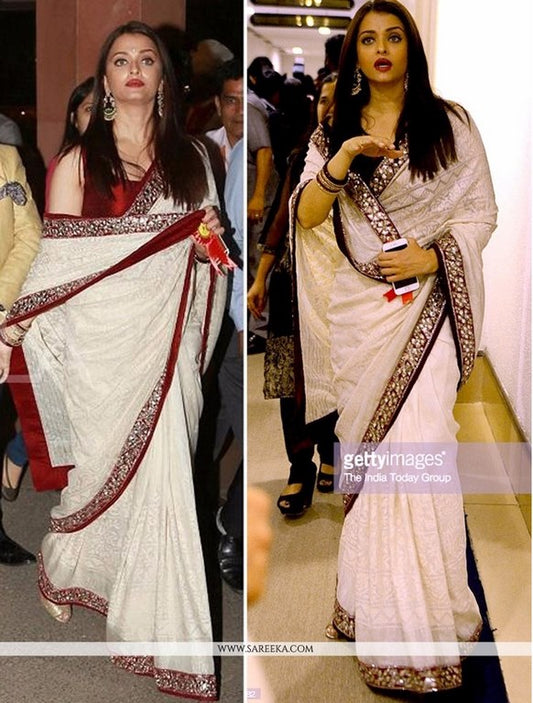 white georgette embroidered saree