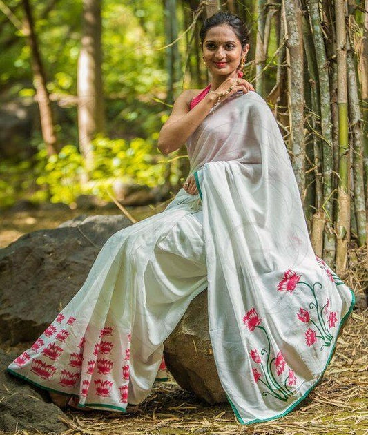 White georgette embroidered saree