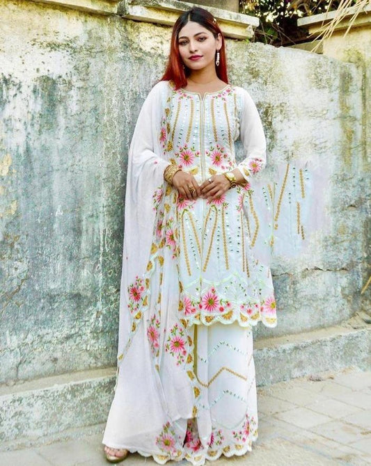 White georgette embroidered sequence work kurti with plazzo