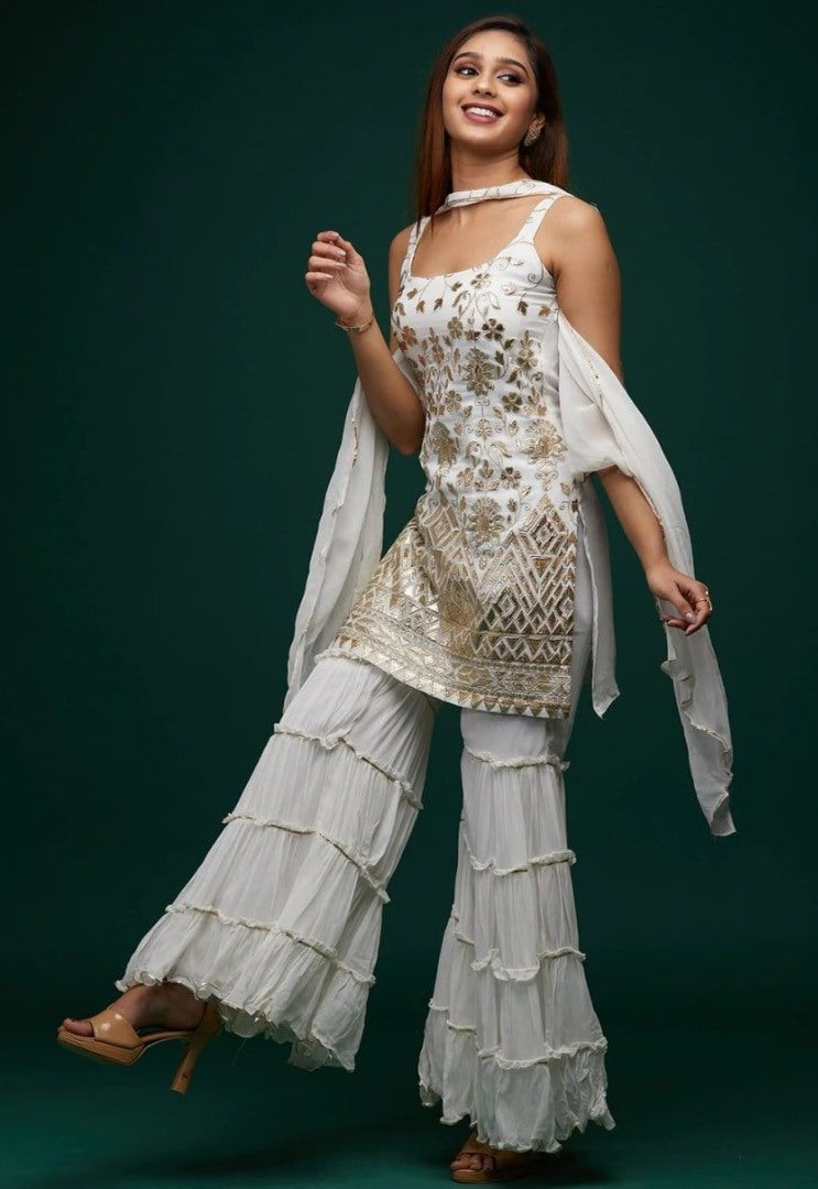 White georgette embroidered sharara suit