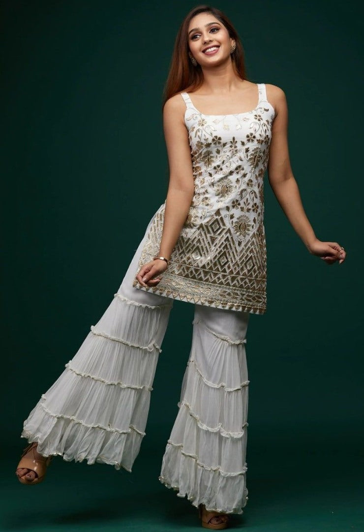 White georgette embroidered sharara suit