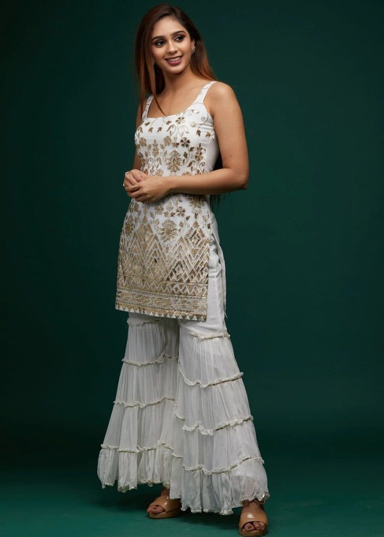 White georgette embroidered sharara suit