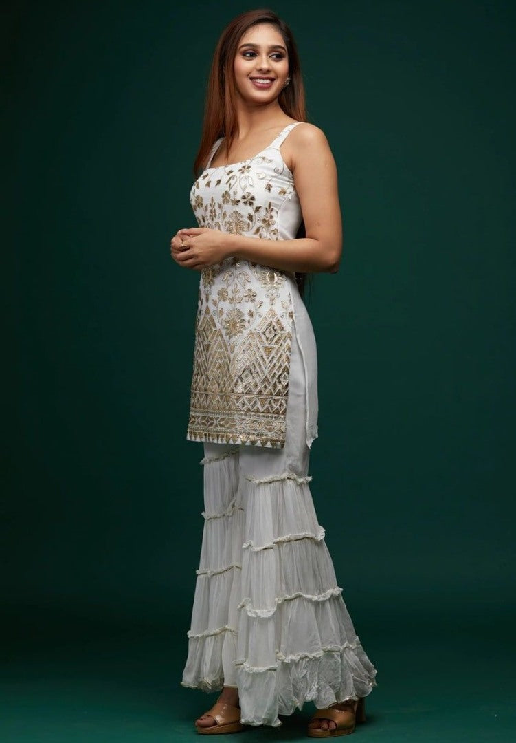 White georgette embroidered sharara suit