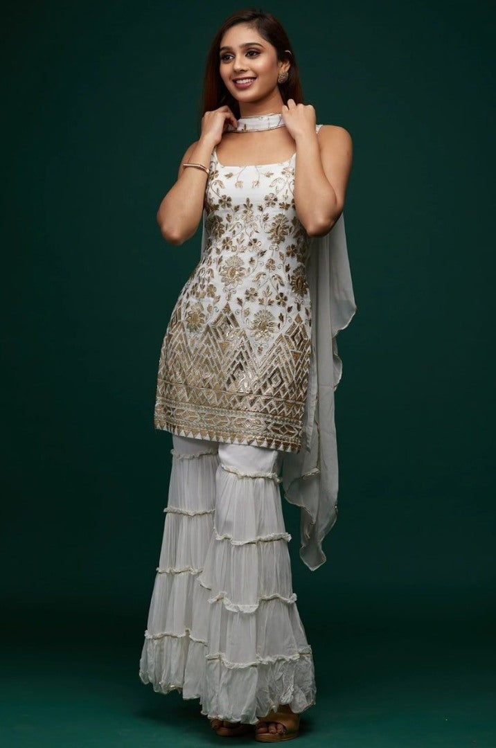 White georgette embroidered sharara suit