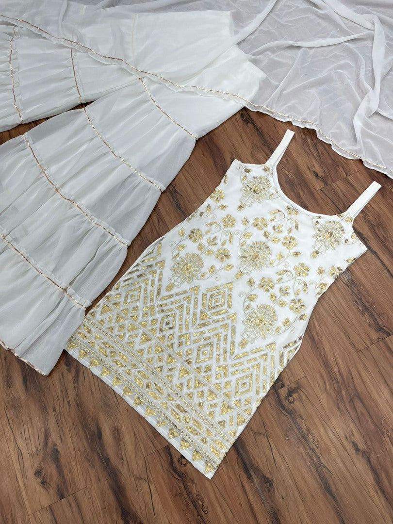 White georgette embroidered sharara suit