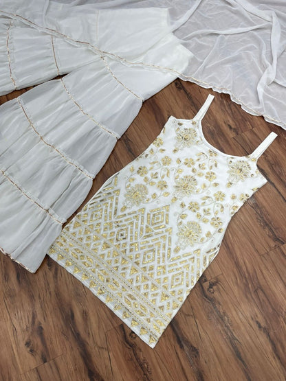 White georgette embroidered sharara suit