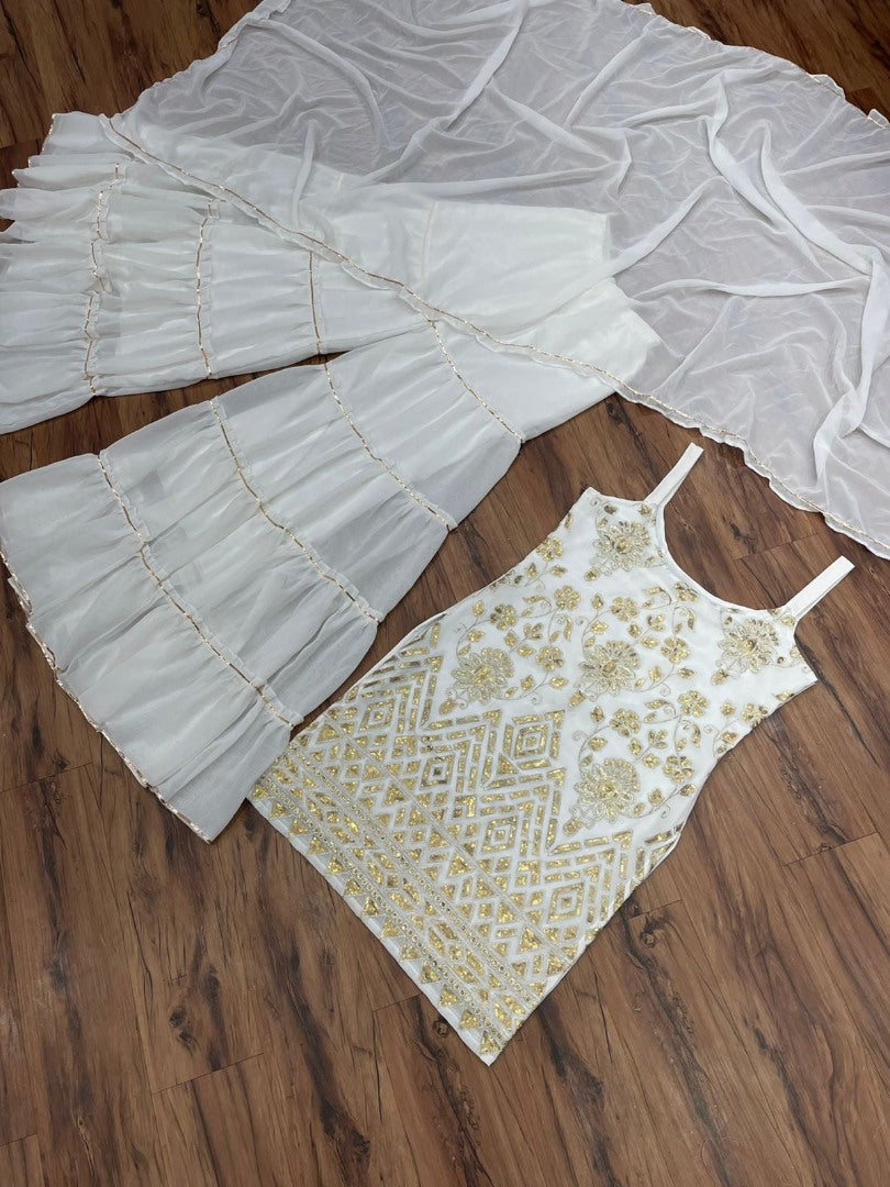 White georgette embroidered sharara suit