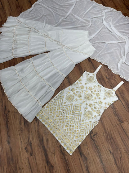 White georgette embroidered sharara suit