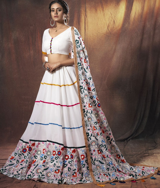 White georgette embroidered thread work ceremonial lehenga choli