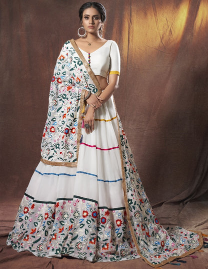 White georgette embroidered thread work ceremonial lehenga choli