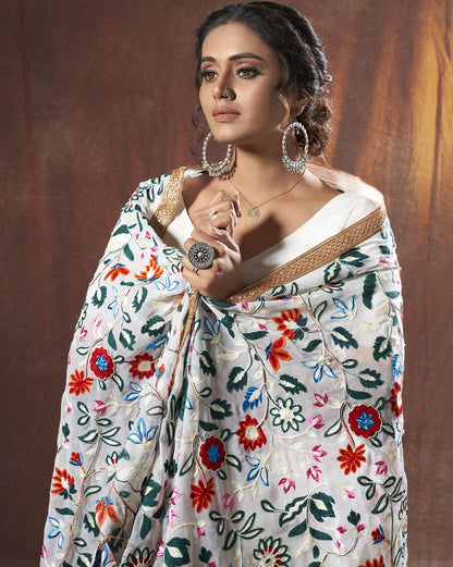 White georgette embroidered thread work ceremonial lehenga choli