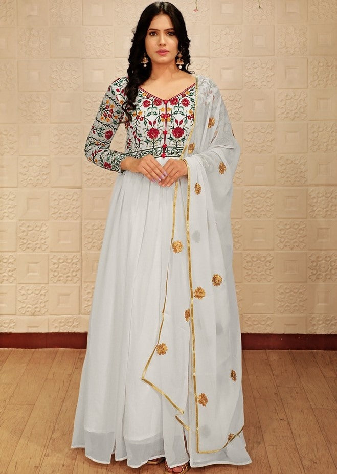 White georgette embroidered thread work party wear gown