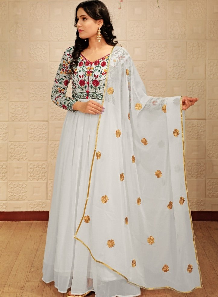 White georgette embroidered thread work party wear gown