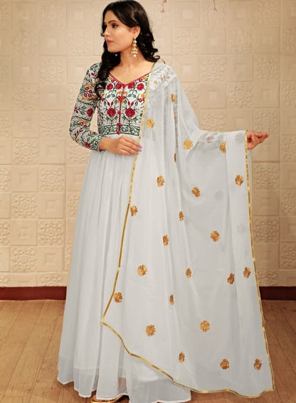White georgette embroidered thread work party wear gown