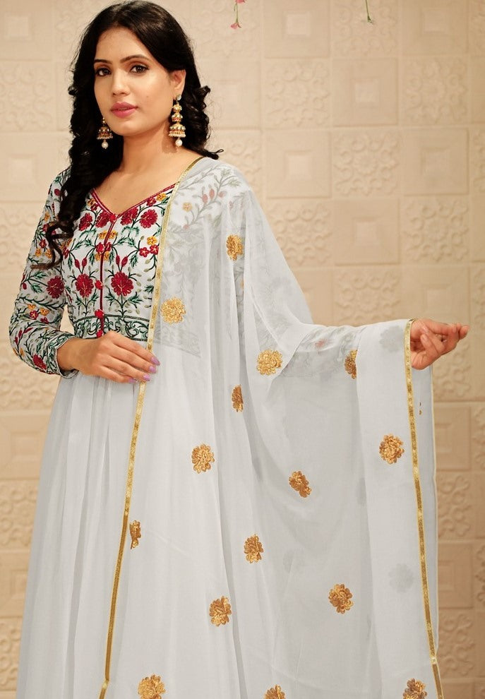 White georgette embroidered thread work party wear gown