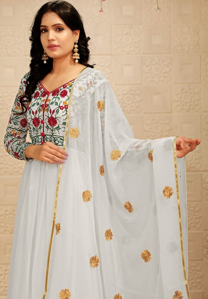 White georgette embroidered thread work party wear gown
