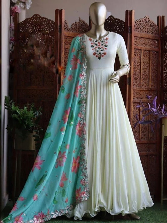 White georgette embroidered umbrella flair anarkali suit