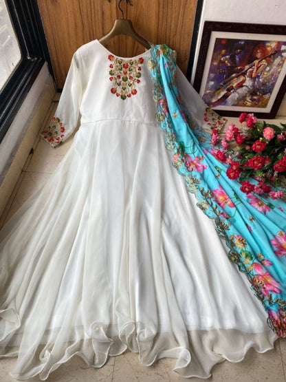 White georgette embroidered umbrella flair anarkali suit