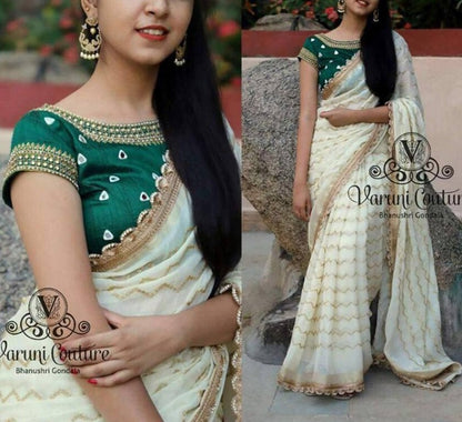 White georgette embroidered wedding saree