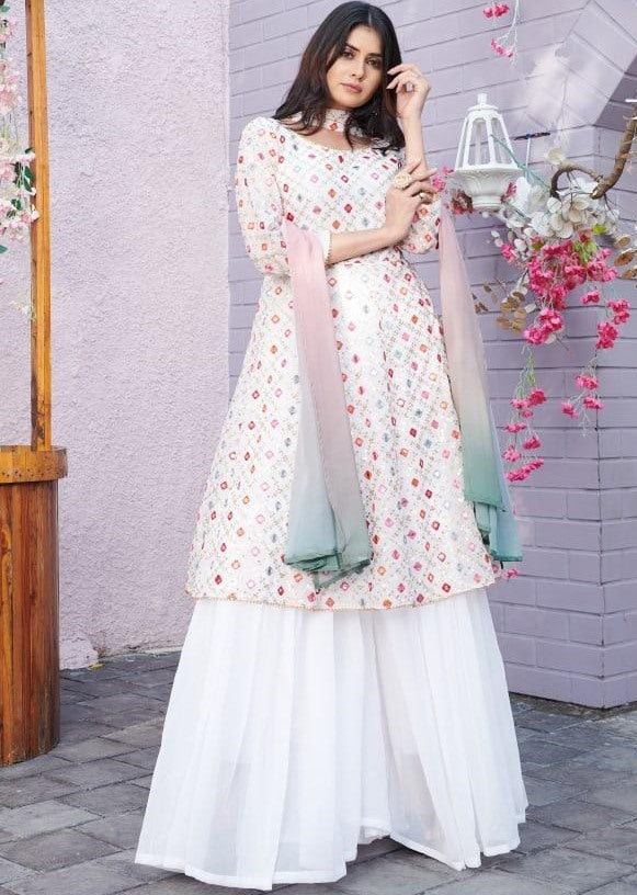 White georgette embroidered with sequence work suit with plazzo