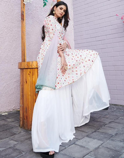 White georgette embroidered with sequence work suit with plazzo