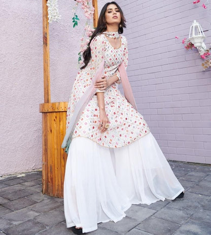 White georgette embroidered with sequence work suit with plazzo