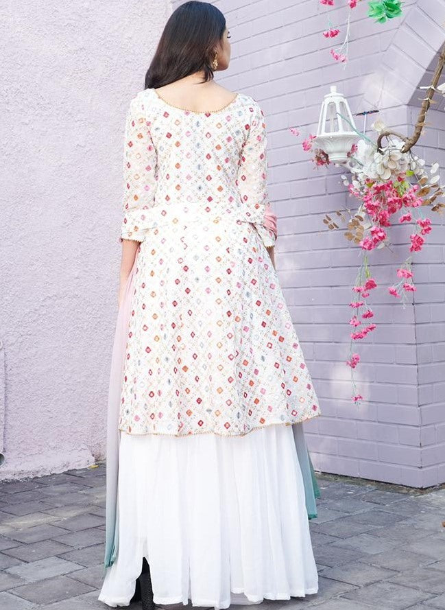 White georgette embroidered with sequence work suit with plazzo