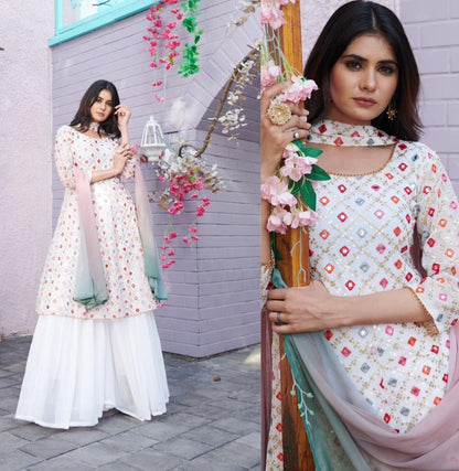 White georgette embroidered with sequence work suit with plazzo