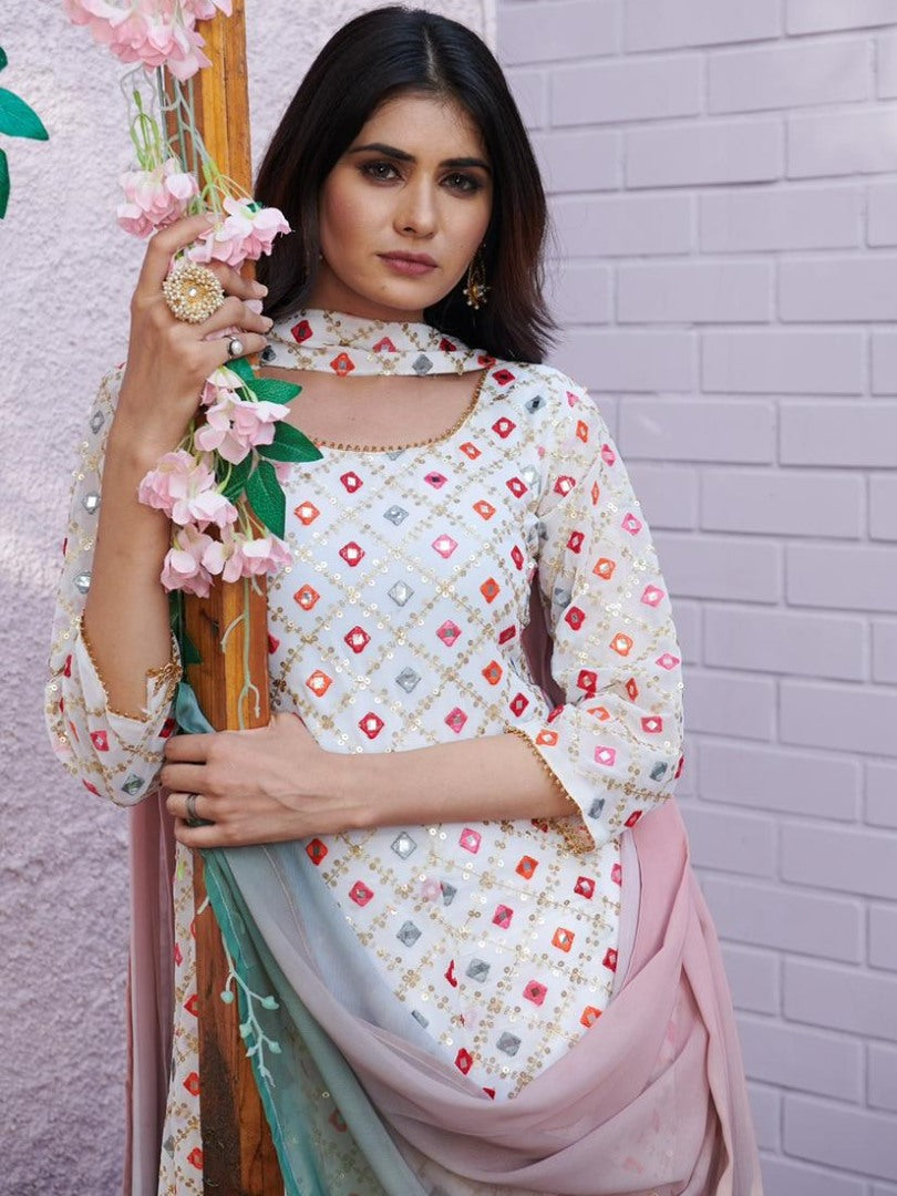 White georgette embroidered with sequence work suit with plazzo