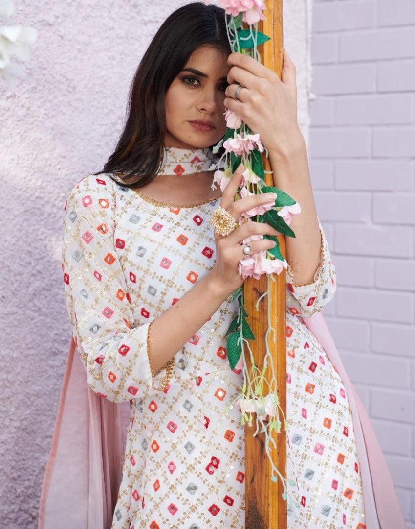 White georgette embroidered with sequence work suit with plazzo