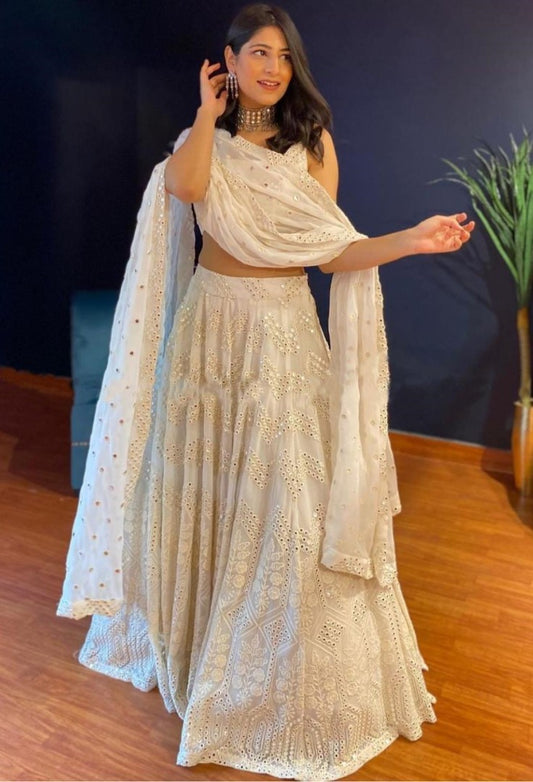 White georgette embroidered work lehenga choli