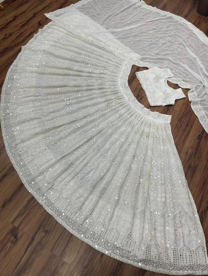 White georgette embroidered work lehenga choli