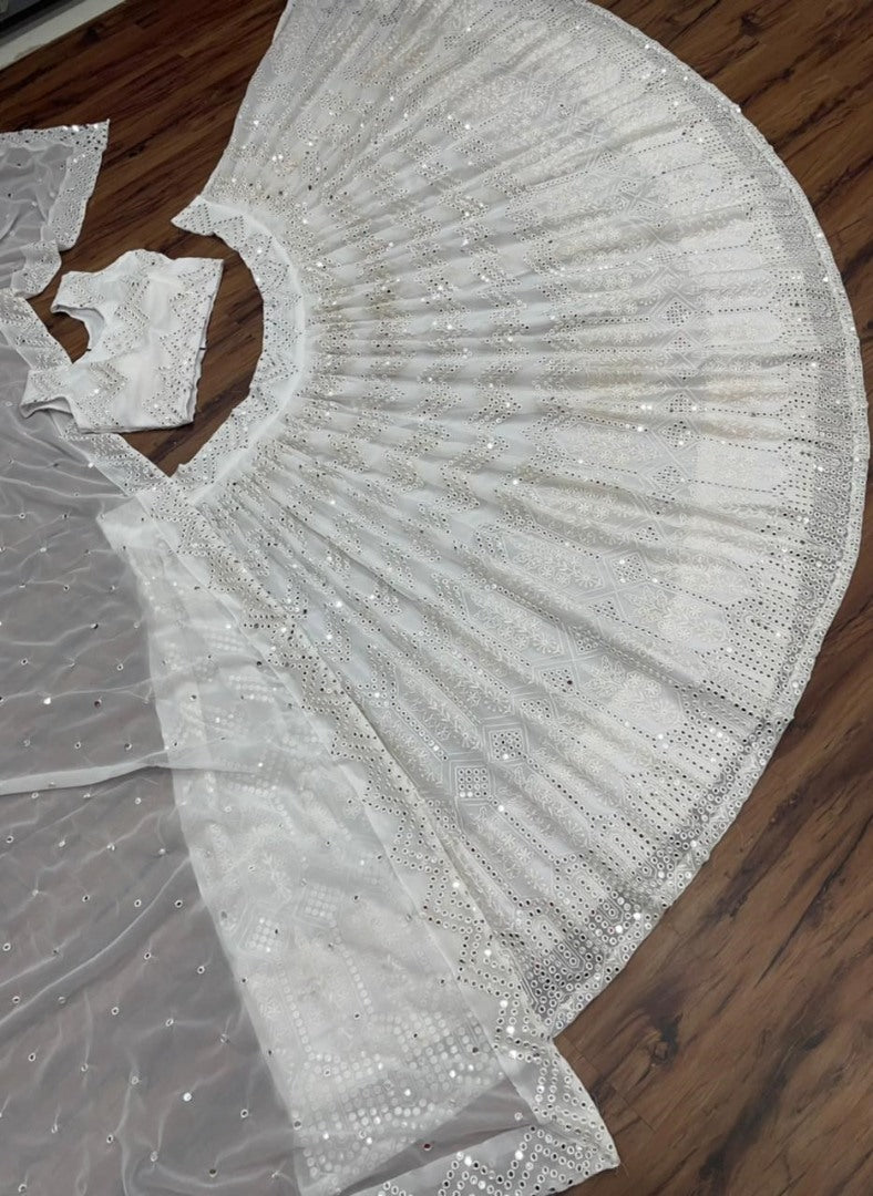 White georgette embroidered work lehenga choli