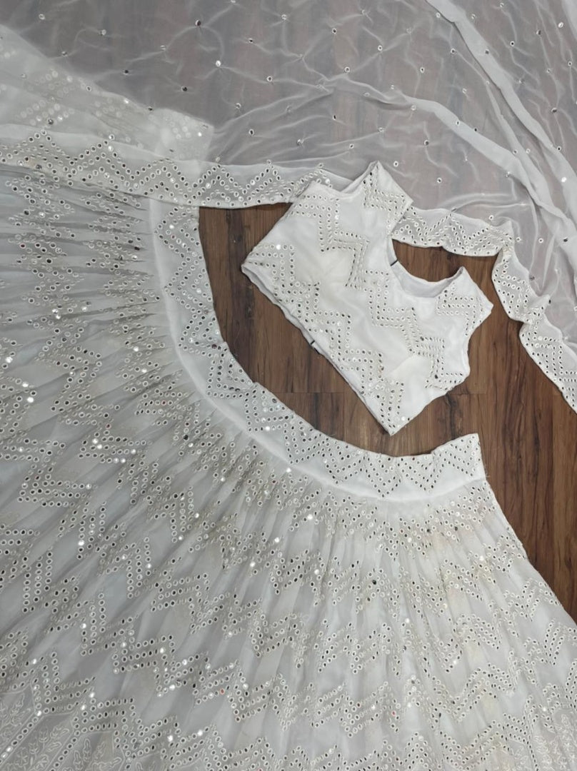 White georgette embroidered work lehenga choli