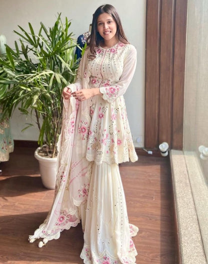 White georgette embroidered work suit with sharara