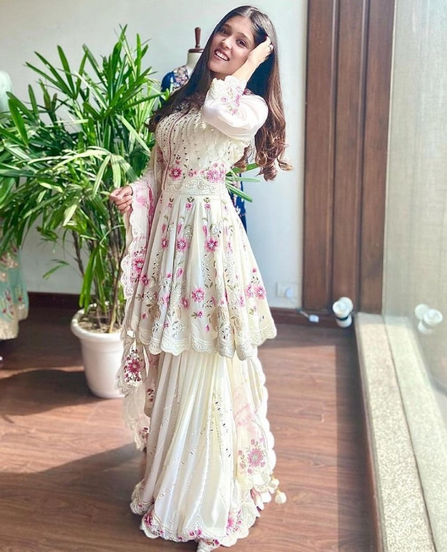 White georgette embroidered work suit with sharara