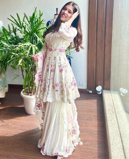 White georgette embroidered work suit with sharara